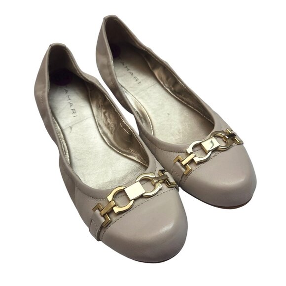 Tahari Leather Ballet Flats Gold Horsebit Cream Size 8.5 Style Vera - Picture 1 of 9